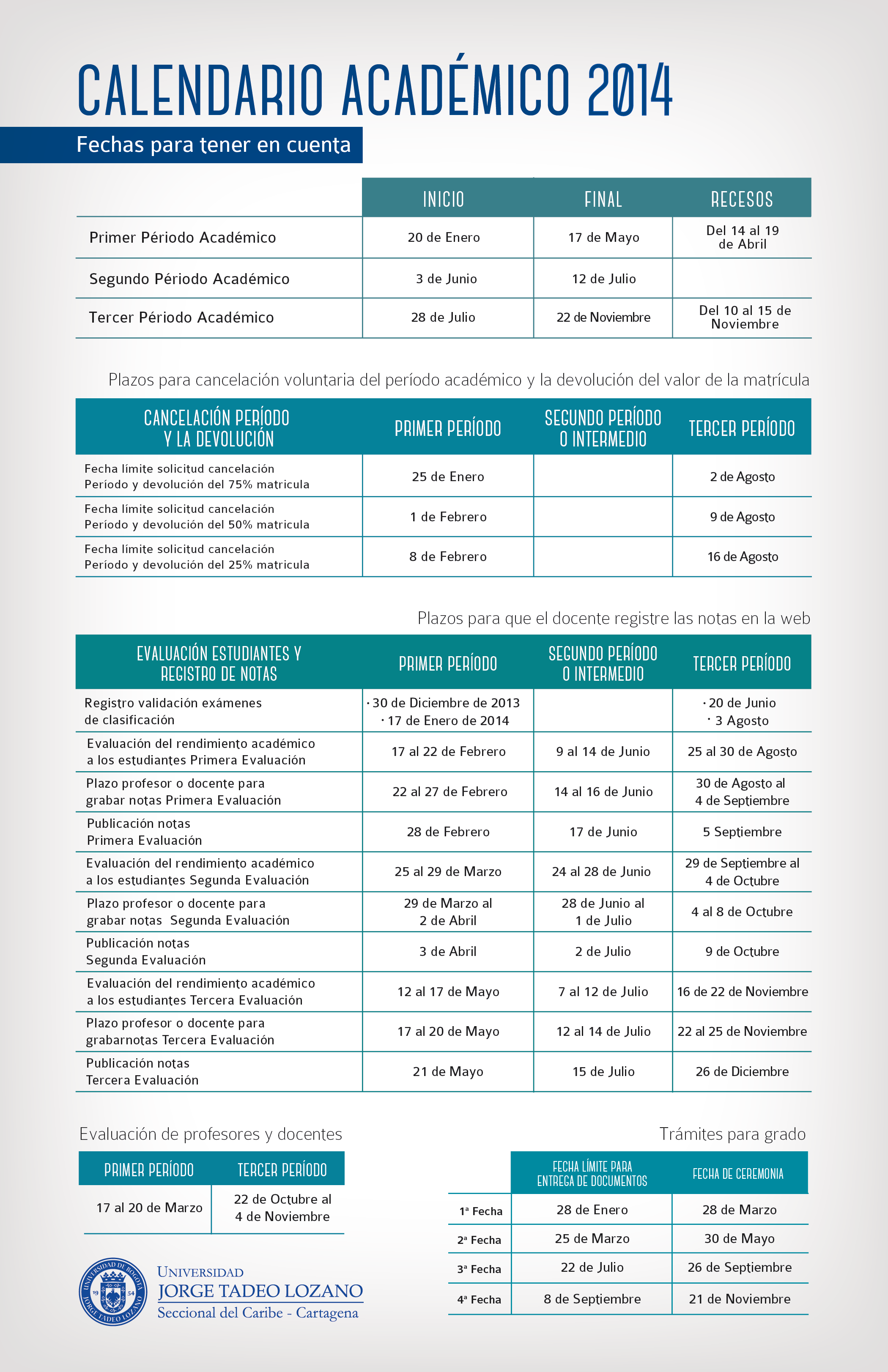 Calendario Académico 2015 Universidad de Bogotá Tadeo Lozano